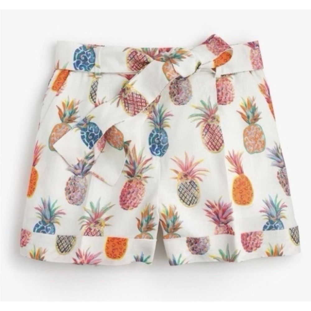J Crew x Ratti Seaside Pineapple Womens 100% Linen Paperbag Shorts - Sz 8